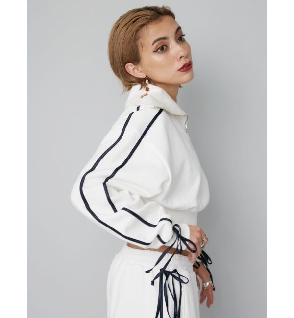 EVRIS「リボンスリーブハーフZIPショートスウェットトップス【セットアップ着用可能】」|スウェット・ジャージ|