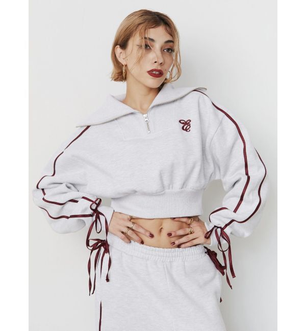 EVRIS「リボンスリーブハーフZIPショートスウェットトップス【セットアップ着用可能】」|スウェット・ジャージ|