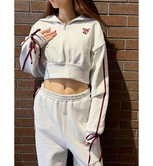 EVRIS「リボンスリーブハーフZIPショートスウェットトップス【セットアップ着用可能】」|スウェット・ジャージ|