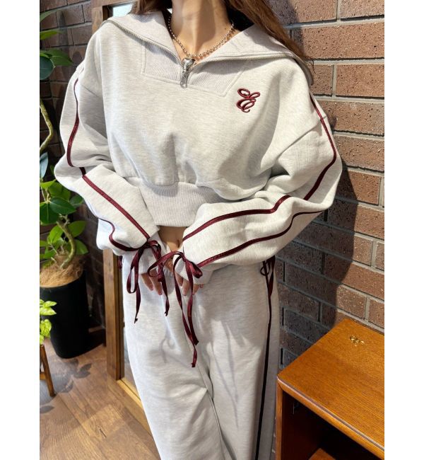 EVRIS「リボンスリーブハーフZIPショートスウェットトップス【セットアップ着用可能】」|スウェット・ジャージ|