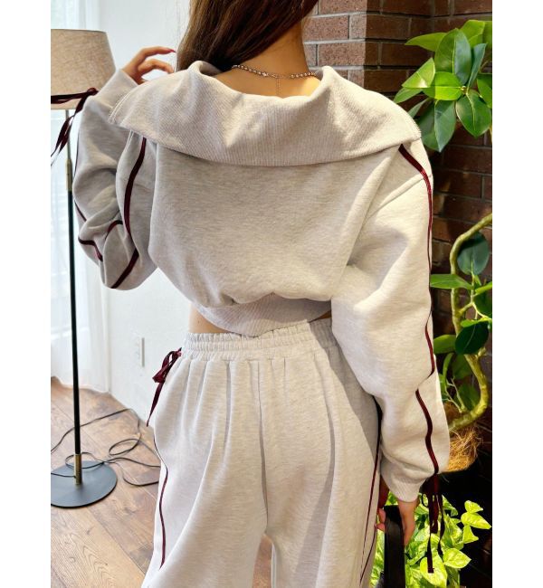 EVRIS「リボンスリーブハーフZIPショートスウェットトップス【セットアップ着用可能】」|スウェット・ジャージ|