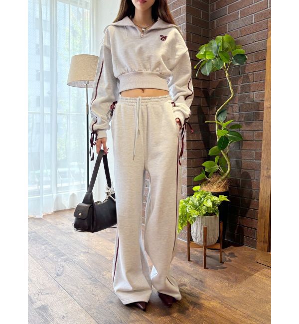 EVRIS「リボンスリーブハーフZIPショートスウェットトップス【セットアップ着用可能】」|スウェット・ジャージ|