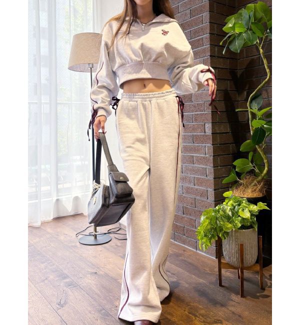 EVRIS「リボンスリーブハーフZIPショートスウェットトップス【セットアップ着用可能】」|スウェット・ジャージ|