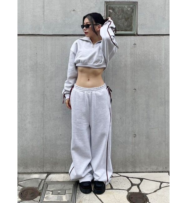 EVRIS「リボンスリーブハーフZIPショートスウェットトップス【セットアップ着用可能】」|スウェット・ジャージ|