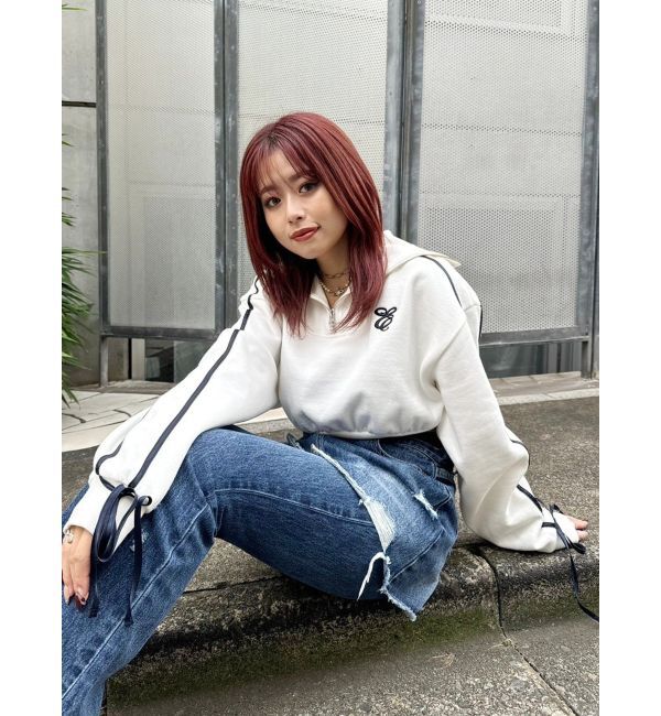 EVRIS「リボンスリーブハーフZIPショートスウェットトップス【セットアップ着用可能】」|スウェット・ジャージ|