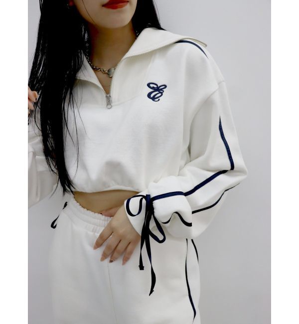 EVRIS「リボンスリーブハーフZIPショートスウェットトップス【セットアップ着用可能】」|スウェット・ジャージ|