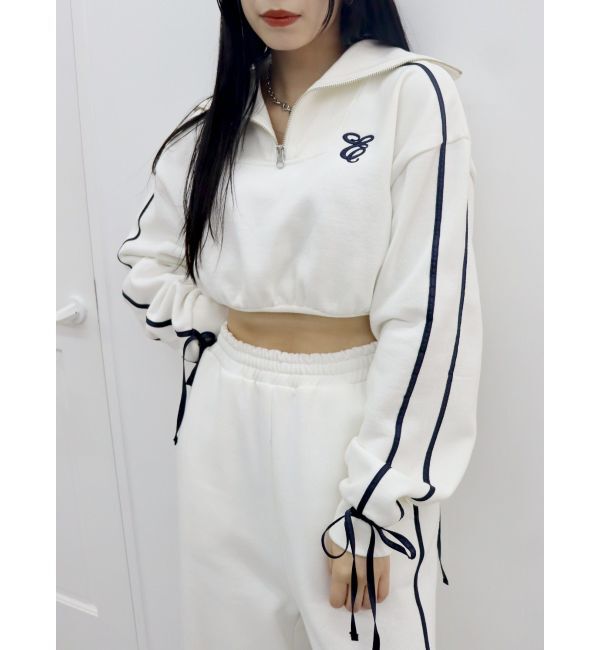 EVRIS「リボンスリーブハーフZIPショートスウェットトップス【セットアップ着用可能】」|スウェット・ジャージ|