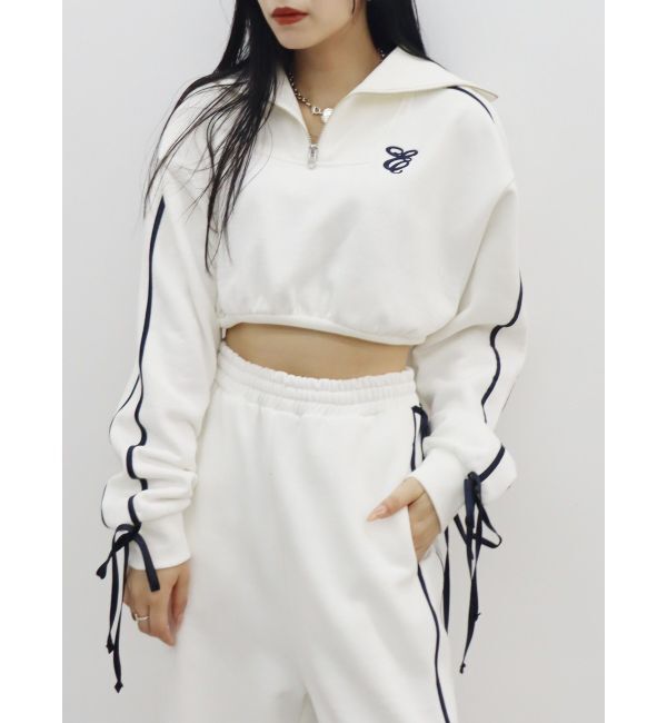 EVRIS「リボンスリーブハーフZIPショートスウェットトップス【セットアップ着用可能】」|スウェット・ジャージ|