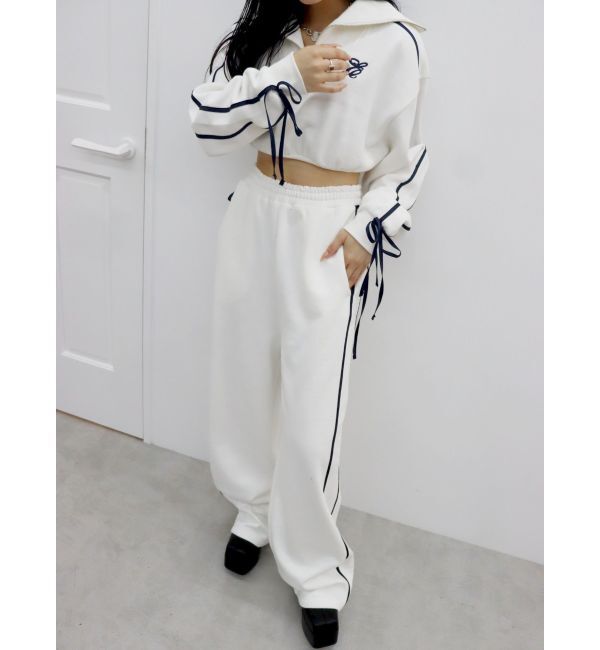 EVRIS「リボンスリーブハーフZIPショートスウェットトップス【セットアップ着用可能】」|スウェット・ジャージ|