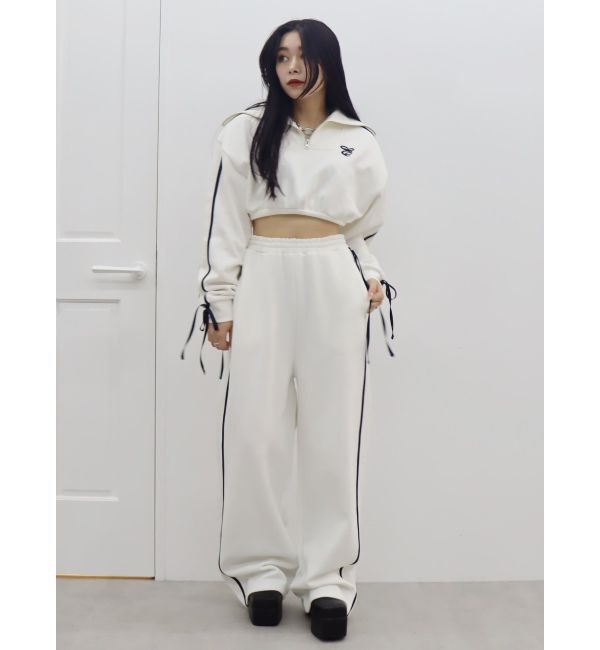 EVRIS「リボンスリーブハーフZIPショートスウェットトップス【セットアップ着用可能】」|スウェット・ジャージ|