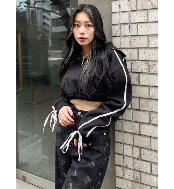 EVRIS「リボンスリーブハーフZIPショートスウェットトップス【セットアップ着用可能】」|スウェット・ジャージ|