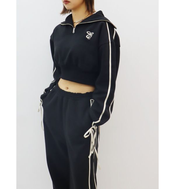 EVRIS「リボンスリーブハーフZIPショートスウェットトップス【セットアップ着用可能】」|スウェット・ジャージ|