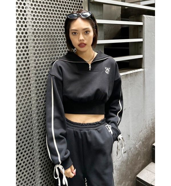 EVRIS「リボンスリーブハーフZIPショートスウェットトップス【セットアップ着用可能】」|スウェット・ジャージ|