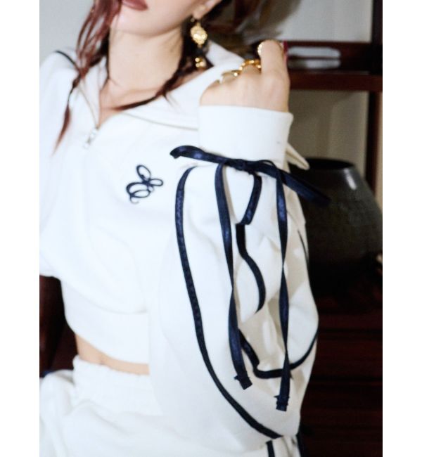 EVRIS「リボンスリーブハーフZIPショートスウェットトップス【セットアップ着用可能】」|スウェット・ジャージ|