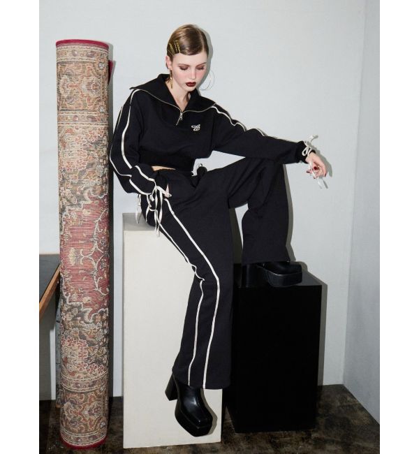 EVRIS「リボンスリーブハーフZIPショートスウェットトップス【セットアップ着用可能】」|スウェット・ジャージ|