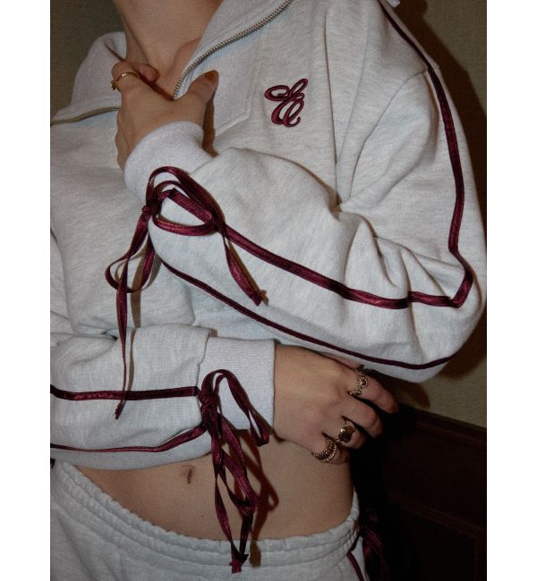 EVRIS「リボンスリーブハーフZIPショートスウェットトップス【セットアップ着用可能】」|スウェット・ジャージ|