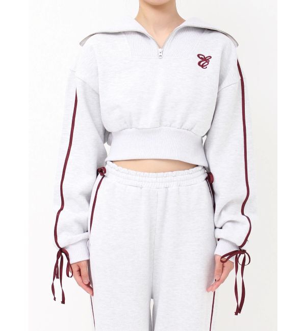 EVRIS「リボンスリーブハーフZIPショートスウェットトップス【セットアップ着用可能】」|スウェット・ジャージ|