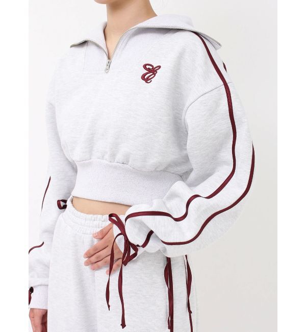 EVRIS「リボンスリーブハーフZIPショートスウェットトップス【セットアップ着用可能】」|スウェット・ジャージ|