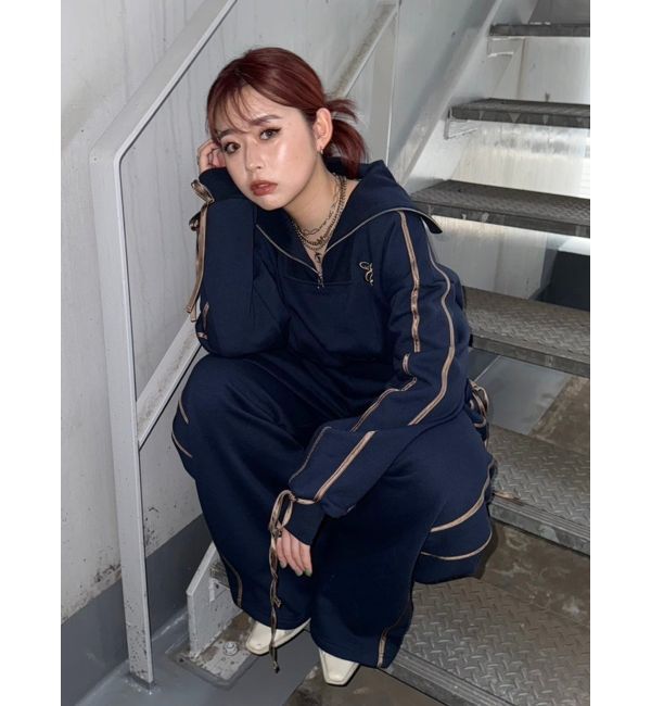 EVRIS「リボンスリーブハーフZIPショートスウェットトップス【セットアップ着用可能】」|スウェット・ジャージ|