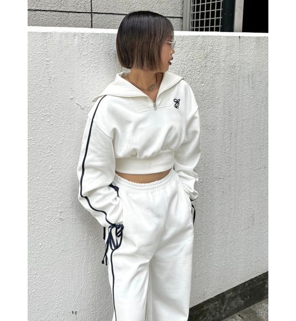 EVRIS「リボンスリーブハーフZIPショートスウェットトップス【セットアップ着用可能】」|スウェット・ジャージ|