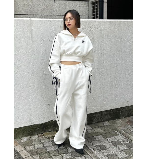 EVRIS「リボンスリーブハーフZIPショートスウェットトップス【セットアップ着用可能】」|スウェット・ジャージ|