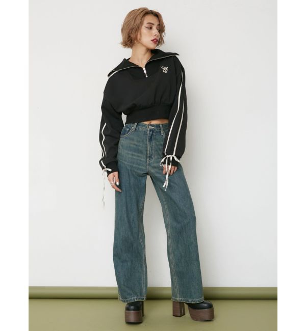 EVRIS「リボンスリーブハーフZIPショートスウェットトップス【セットアップ着用可能】」|スウェット・ジャージ|