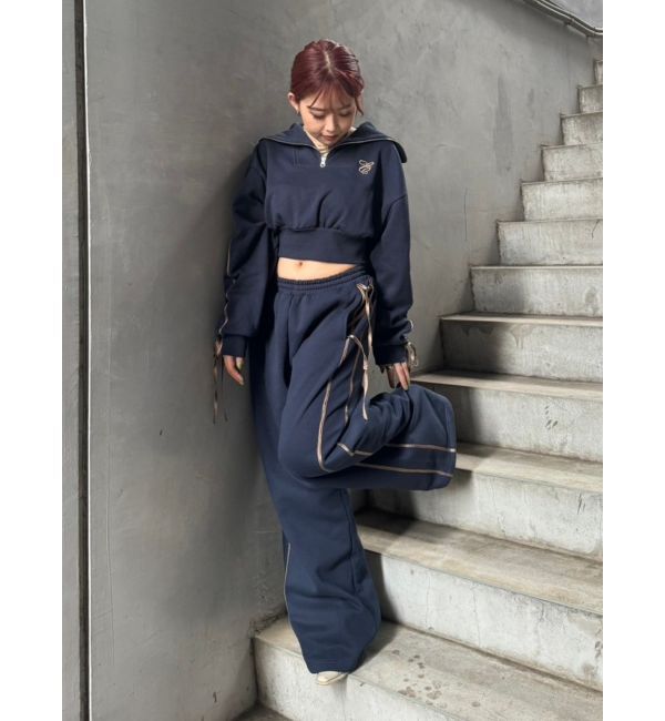 EVRIS「リボンスリーブハーフZIPショートスウェットトップス【セットアップ着用可能】」|スウェット・ジャージ|