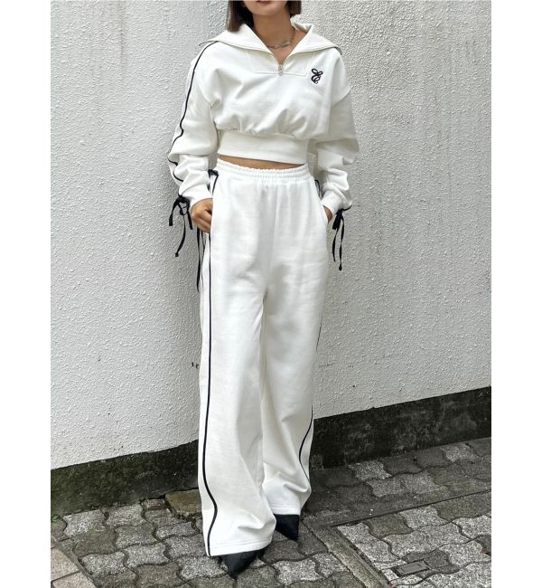 EVRIS「リボンスリーブハーフZIPショートスウェットトップス【セットアップ着用可能】」|スウェット・ジャージ|