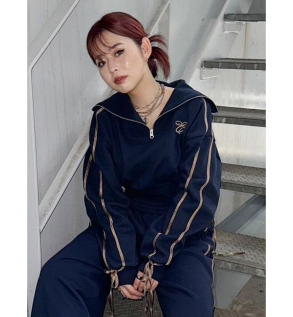 EVRIS「リボンスリーブハーフZIPショートスウェットトップス【セットアップ着用可能】」|スウェット・ジャージ|ネイビー