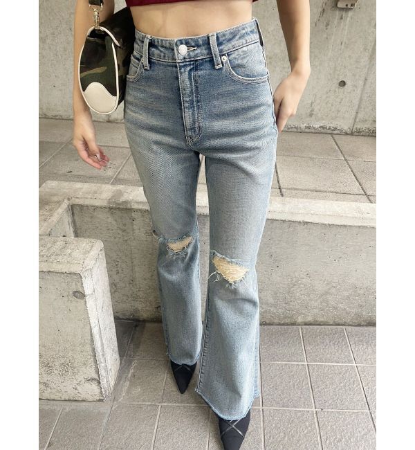 EVRIS「スリムフレアダメージデニムパンツ」|デニム|ブルー