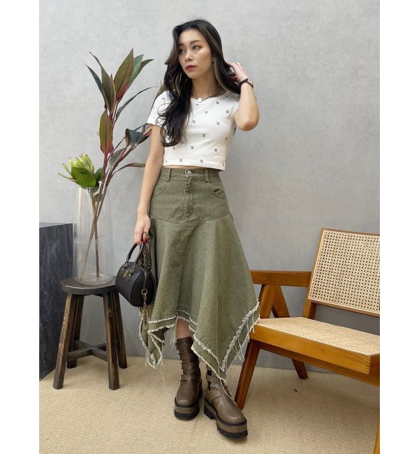 EVRIS「ランダムヘムミディーデニムスカート」|スカート|