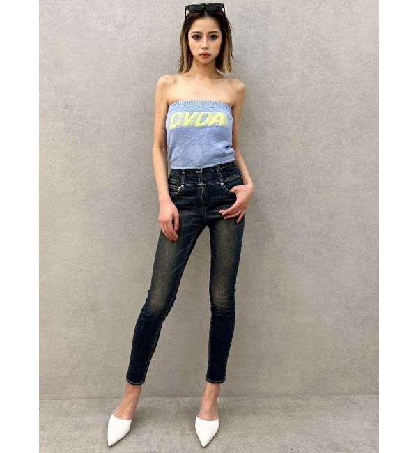 GYDA「ハイウエストフロントZIPベルトデザインスキニーデニムパンツ」|デニム|