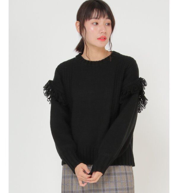ikka「袖フリンジニットプルオーバー」|プルオーバー|ブラック