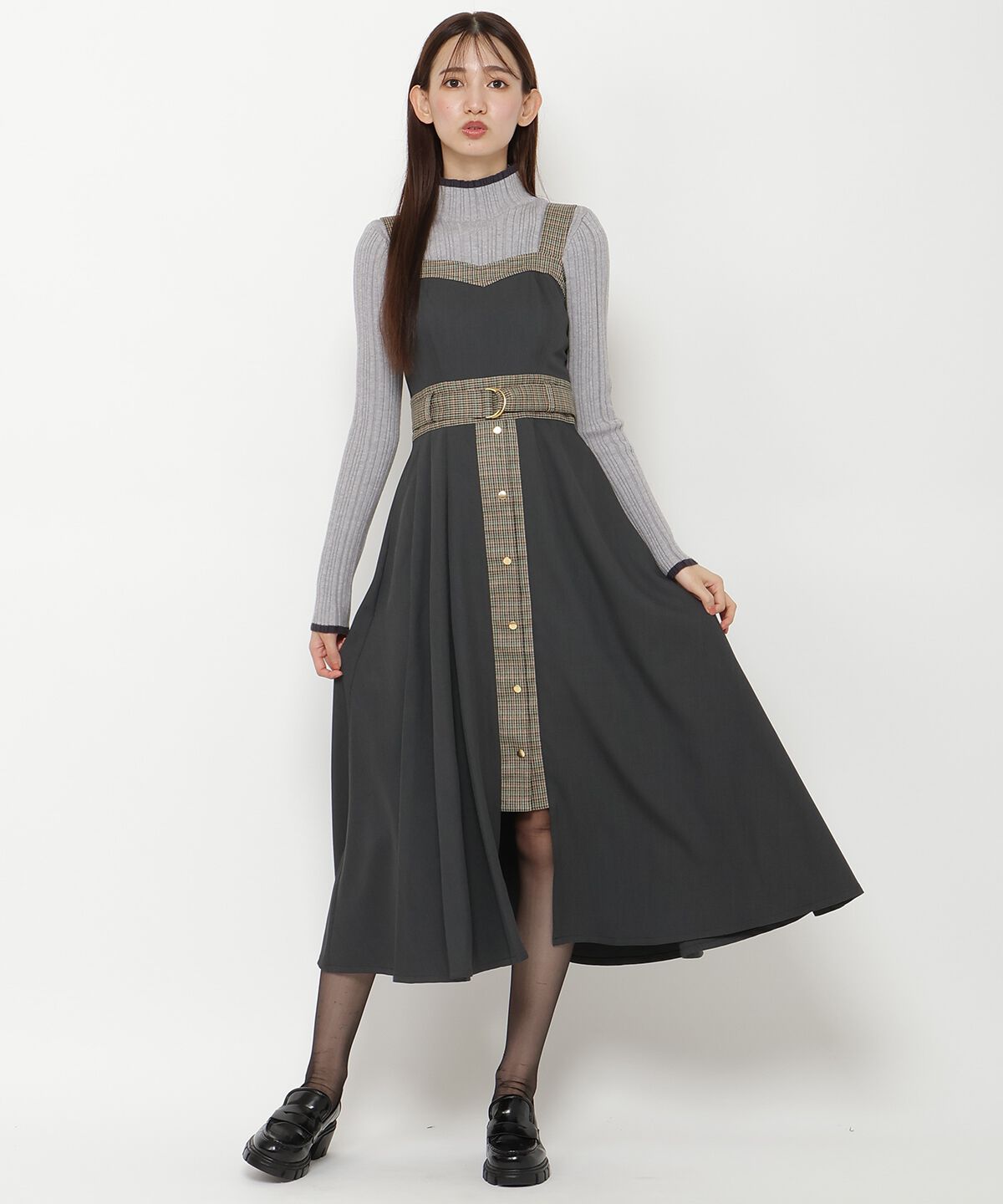 REDYAZEL「チェックバイカラービスチェワンピース」|ワンピース|グリーン