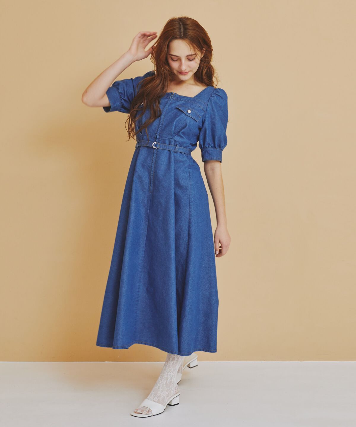 REDYAZEL「フロントジップスクエアネックフレアワンピース」|ワンピース|ブルー