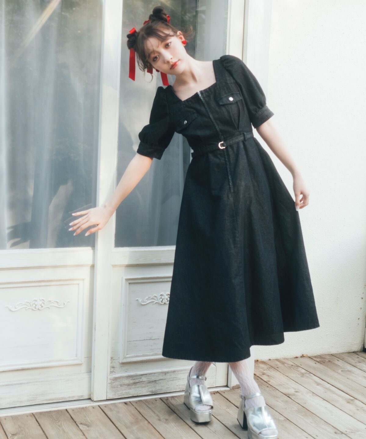 REDYAZEL「フロントジップスクエアネックフレアワンピース」|ワンピース|ブラック