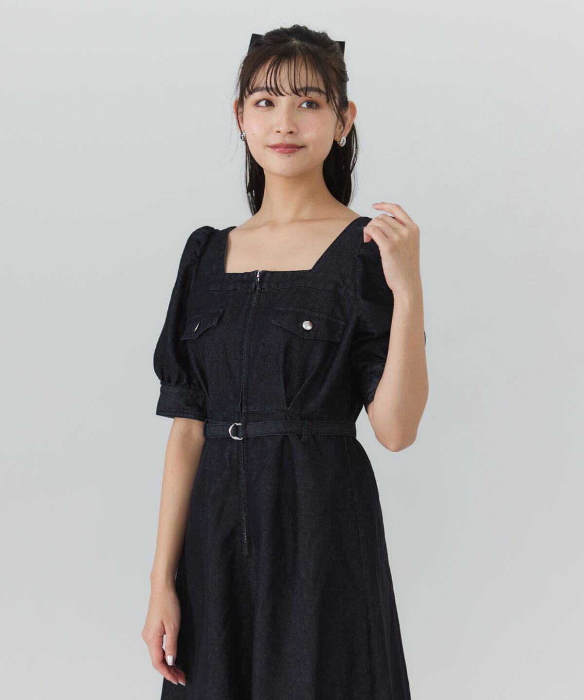 REDYAZEL「フロントジップスクエアネックフレアワンピース」|ワンピース|