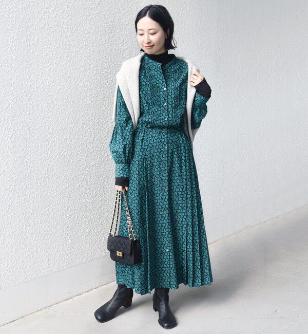 SHIPS for women「【WEB限定】〈手洗い可能〉ドット / 花柄 バンドカラー サイド プリーツ ワンピース」|ワンピース|