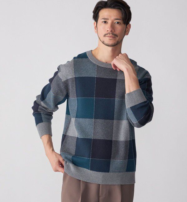 SHIPS「SHIPS:〈手洗い可能〉コットン カシミヤ チェック クルーネック ニット」|ニット・セーター|