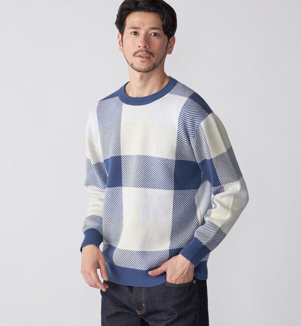 SHIPS「SHIPS:〈手洗い可能〉コットン カシミヤ チェック クルーネック ニット」|ニット・セーター|