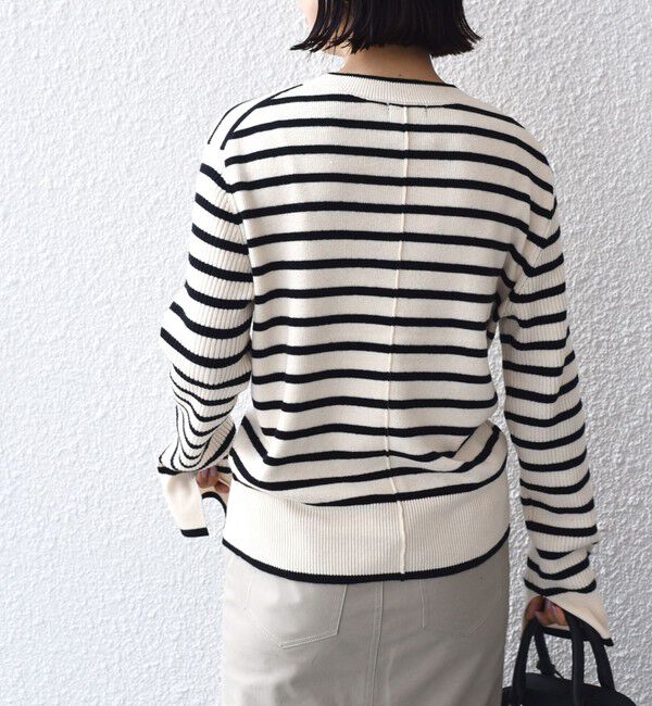 SHIPS for women「【WEB限定】〈手洗い可能〉ボーダー リブ スリーブ ベーシック ニット」|ニット・セーター|
