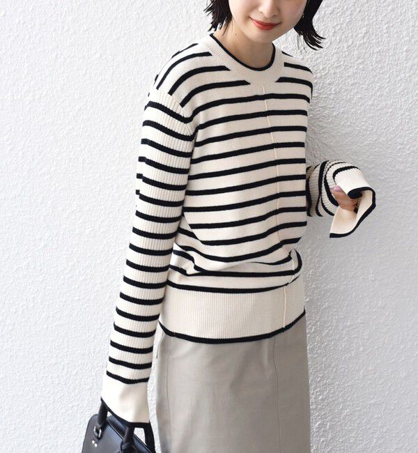 SHIPS for women「【WEB限定】〈手洗い可能〉ボーダー リブ スリーブ ベーシック ニット」|ニット・セーター|