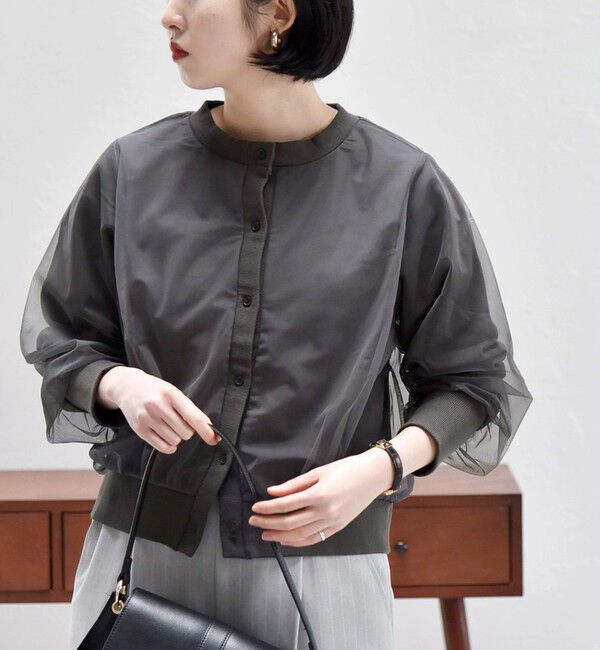 quaranciel「quaranciel:〈手洗い可能〉チュール ドッキング クルーネック カーディガン」|カーディガン|チャコールグレー