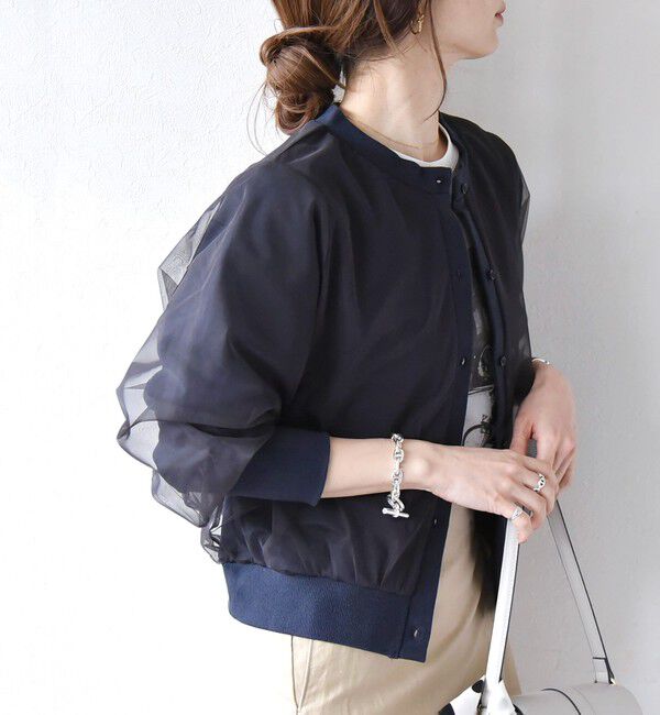 quaranciel「quaranciel:〈手洗い可能〉チュール ドッキング クルーネック カーディガン」|カーディガン|ネイビー