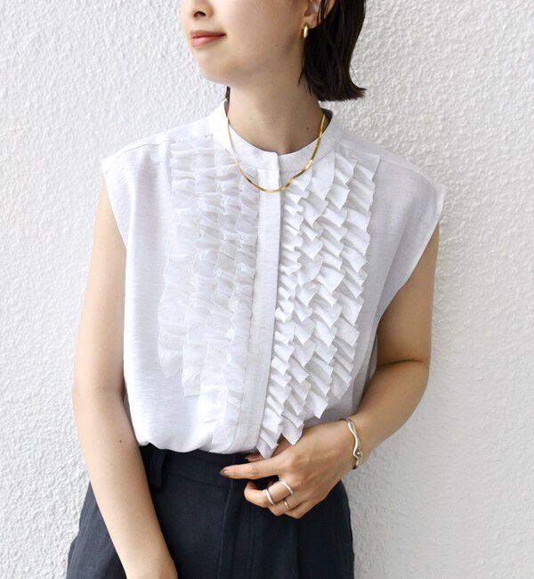 SHIPS for women「〈手洗い可能〉麻混 フロント フリル フレンチスリーブ ブラウス」|シャツ・ブラウス|