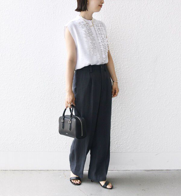 SHIPS for women「〈手洗い可能〉麻混 フロント フリル フレンチスリーブ ブラウス」|シャツ・ブラウス|