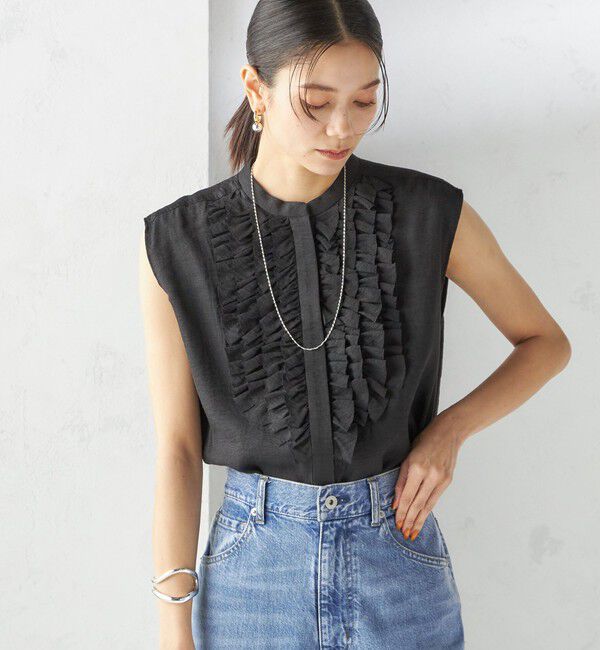 SHIPS for women「〈手洗い可能〉麻混 フロント フリル フレンチスリーブ ブラウス」|シャツ・ブラウス|ブラック