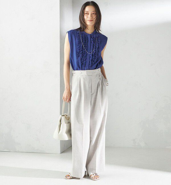 SHIPS for women「〈手洗い可能〉麻混 フロント フリル フレンチスリーブ ブラウス」|シャツ・ブラウス|