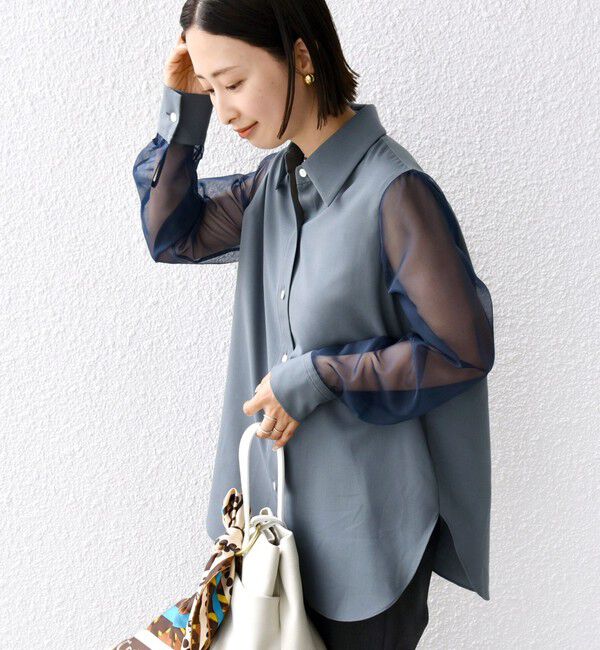 SHIPS for women「〈手洗い可能〉シアー袖 ドッキング シャツ」|シャツ・ブラウス|ブルー