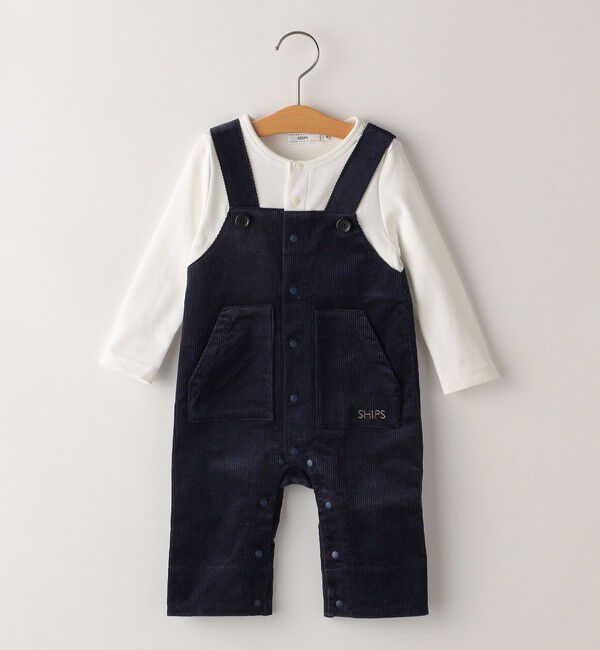 SHIPS KIDS「SHIPS KIDS:70～80cm / フェイク オーバーオール ロンパース」|ロンパース|ネイビー